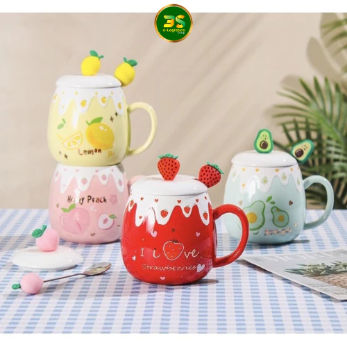 【400ml】爽やかレモン柄 セラミックマグカップ 蓋・レモンスプーン付き