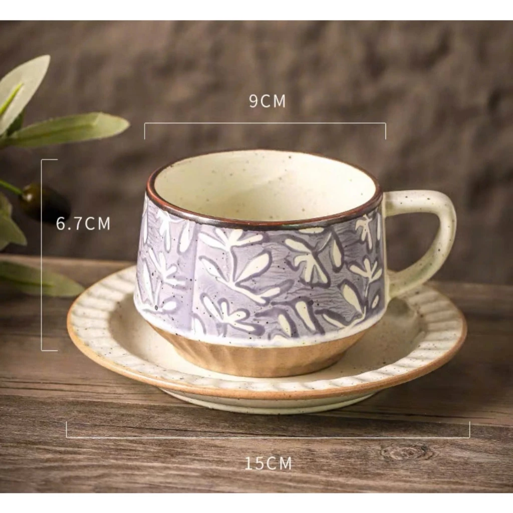 【LG0035】ヴィンテージ和風 自然モチーフ 手描き 陶器製コーヒーカップ＆ソーサー 300ml | 持ちやすく、美しいデコレーションに