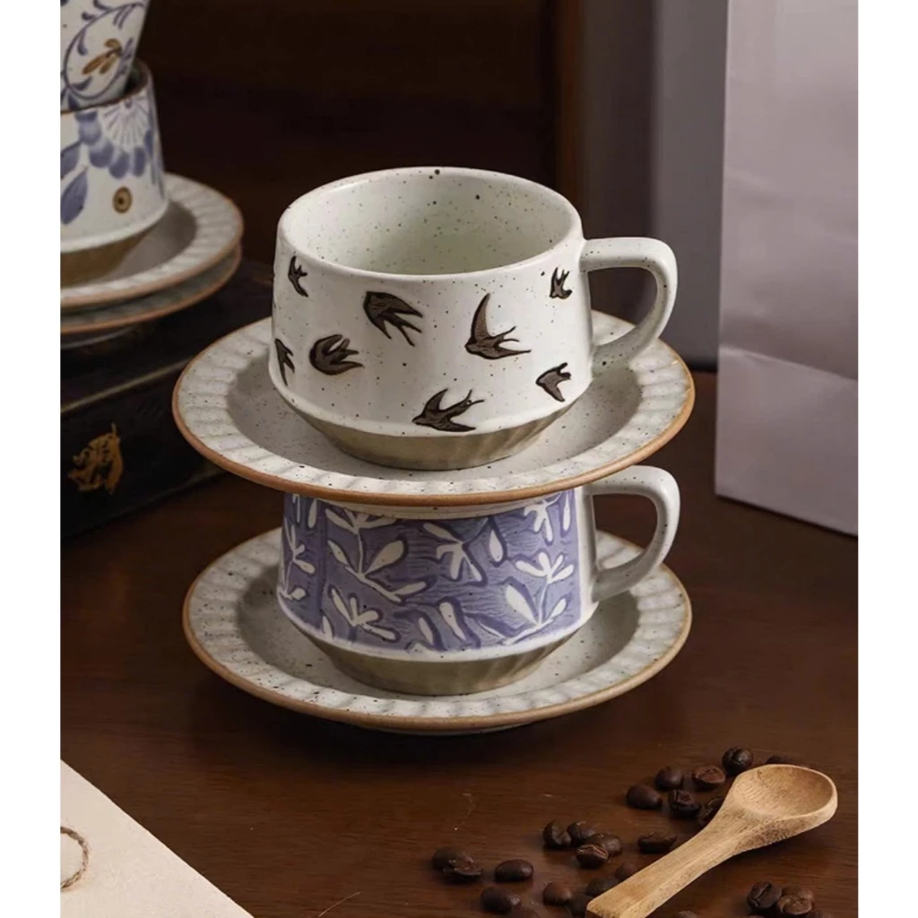 【LG0035】ヴィンテージ和風 自然モチーフ 手描き 陶器製コーヒーカップ＆ソーサー 300ml | 持ちやすく、美しいデコレーションに