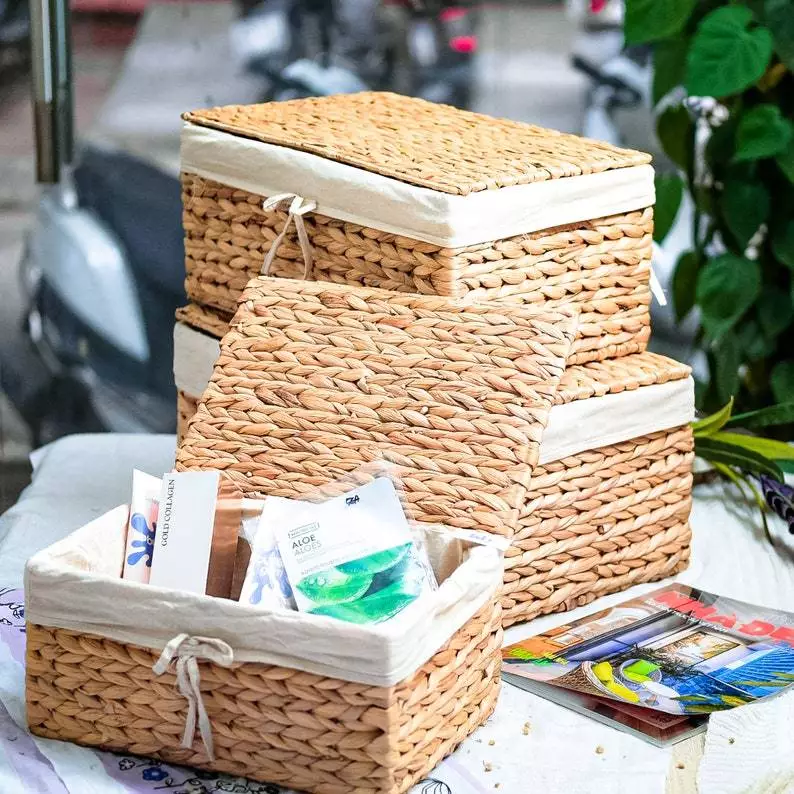 蓋付きウォーターヒヤシンス収納バスケット Mサイズ (40x25x18cm) - 衣類・雑貨収納、防湿、ヴィンテージ風