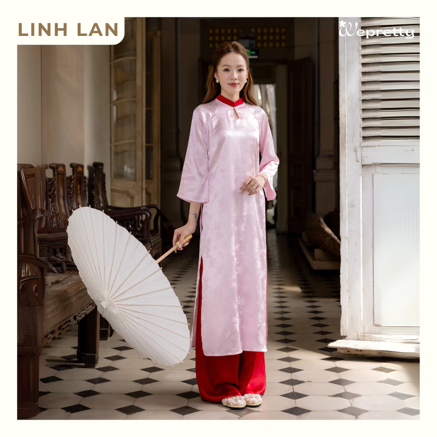 LINH LAN AH16 Wepretty エレガント襟付きシルクアオザイセット（パンツ付き）テト・旧正月向け