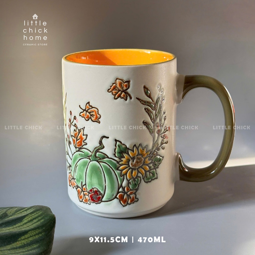 Little chick Mẫu 26 手描き花柄猫柄大容量マグカップ 陶器製 高品質 350ml Little chick