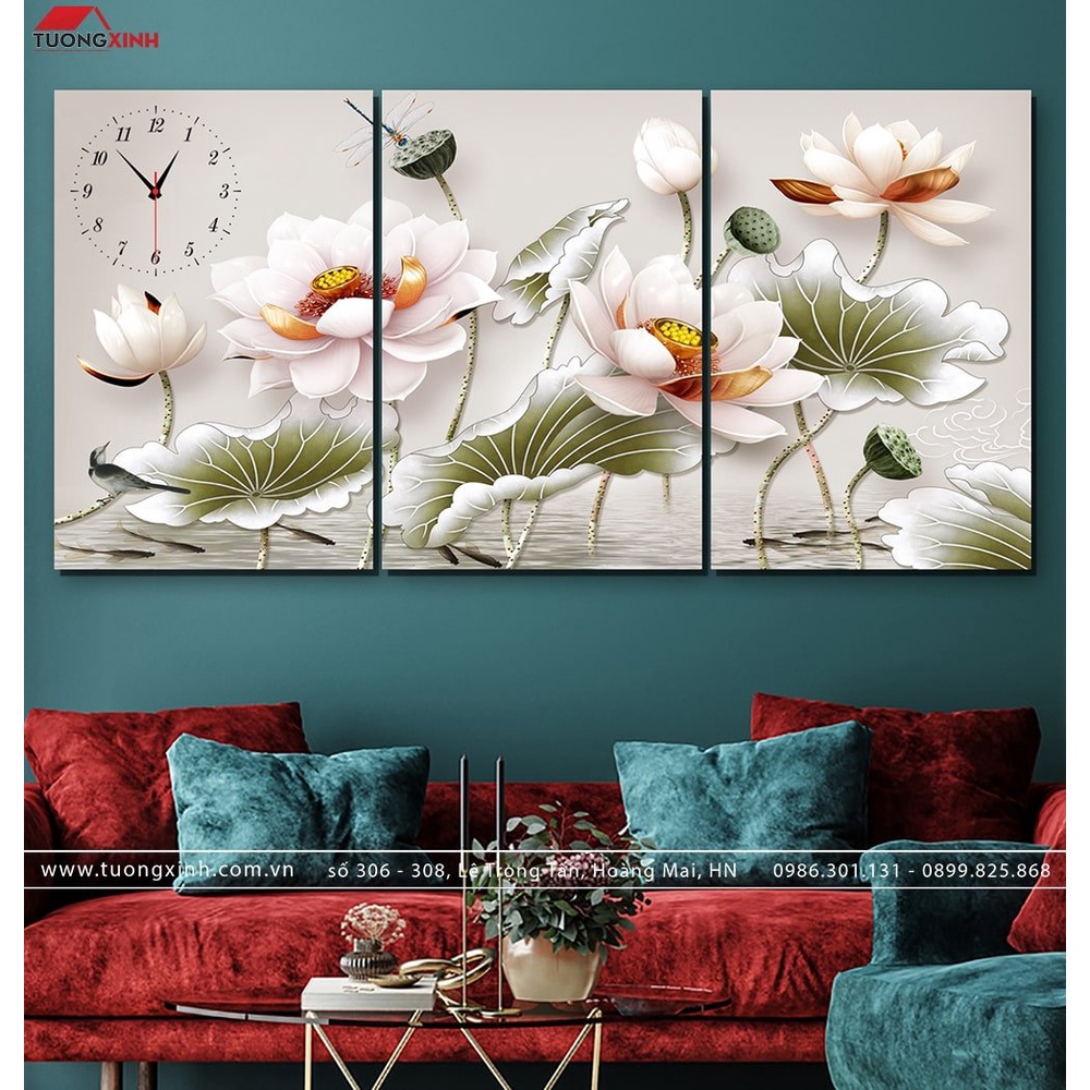 壁画 時計付き 現代アート 蓮の花 DHP09 Tuong Xinh