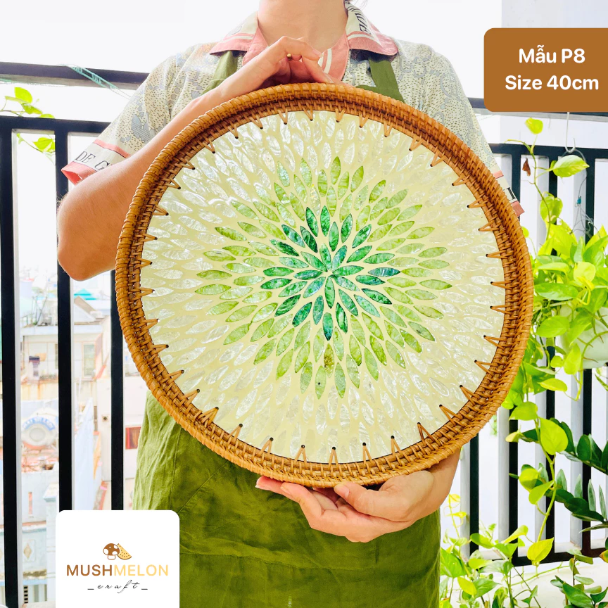 豪華螺鈿細工丸籐トレイ 40cm – サービング、デコレーション、ベトナム輸出工芸品