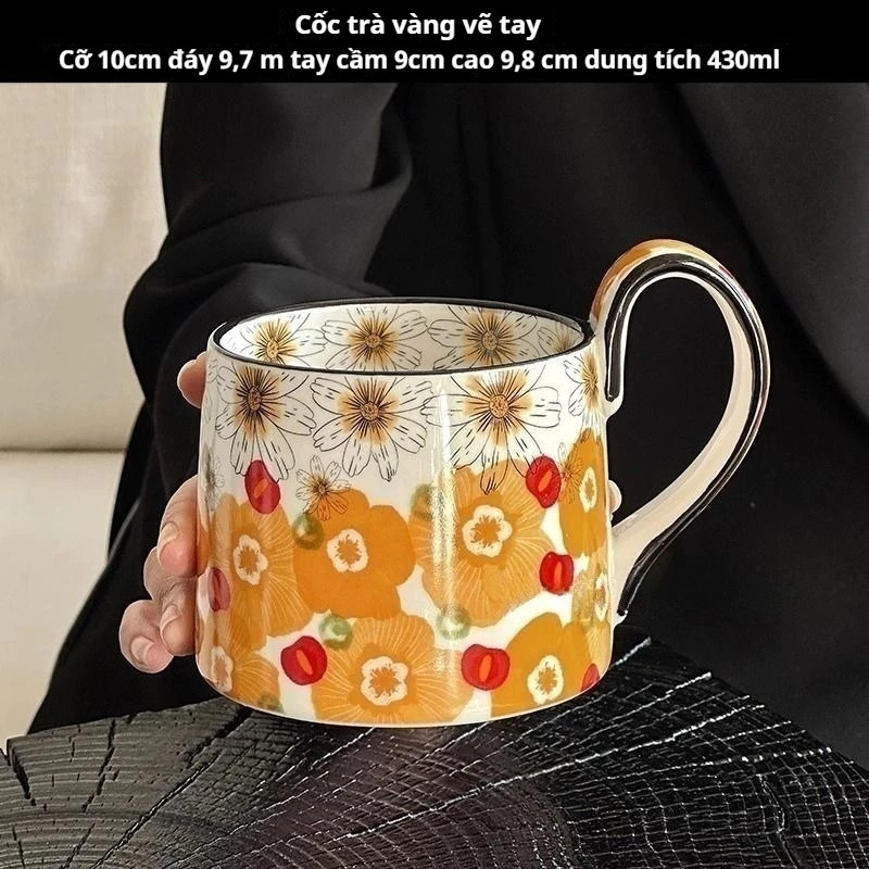 ロイヤルゴールド手描き花柄高級ペアマグカップ 420ml 独占デザイン 一点物 記念日ギフト