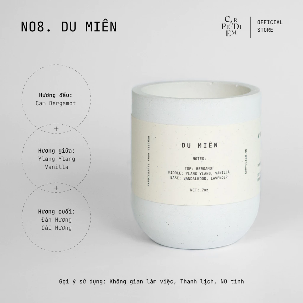 高級ハンドメイドアロマキャンドル Du Miên (デュミエン) セメントジャー入り – 穏やかな香りで貴女に癒しと安眠を
