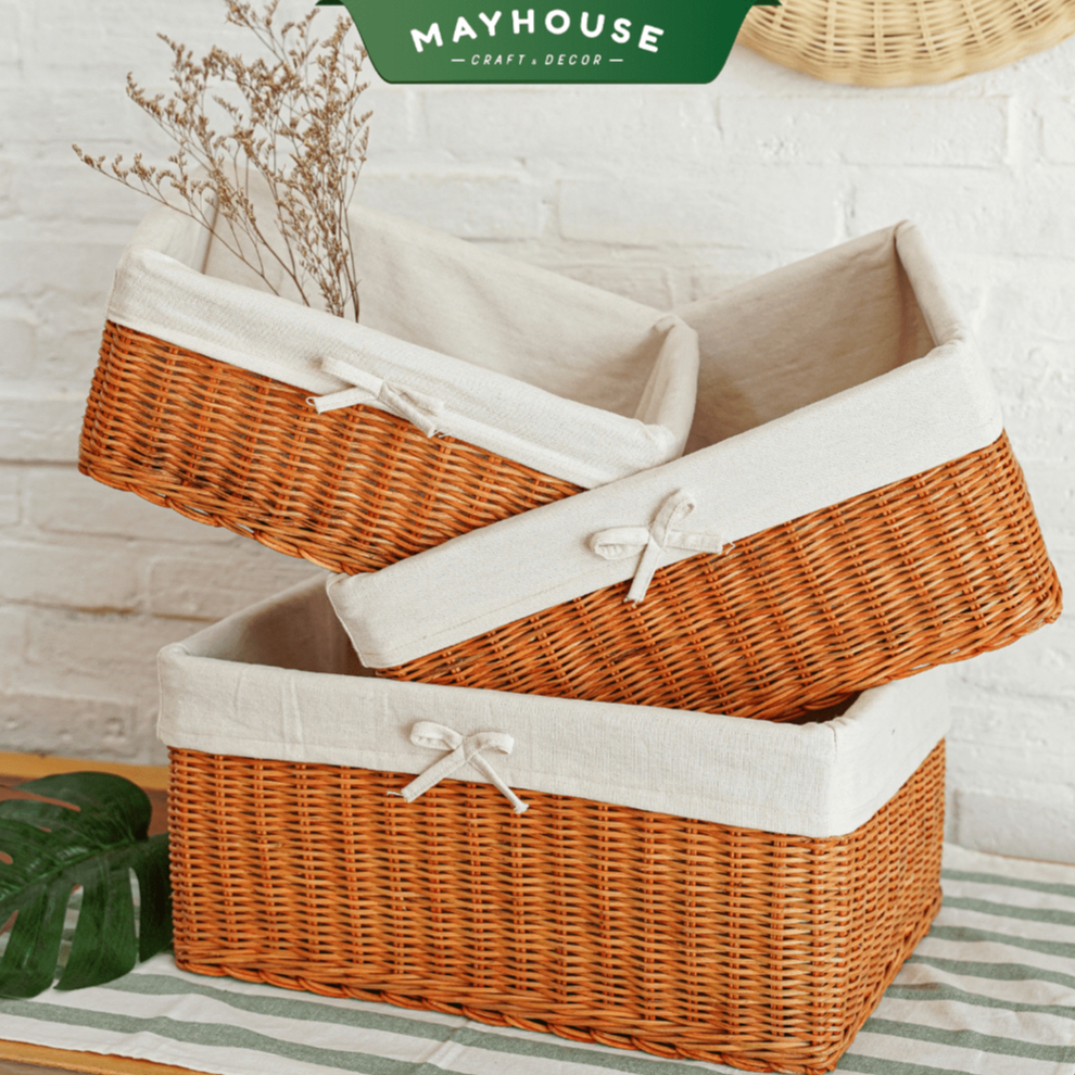 籐製バスケット 布裏地付き 多目的 収納 装飾用 MAYHOUSE CRAFT&DECOR