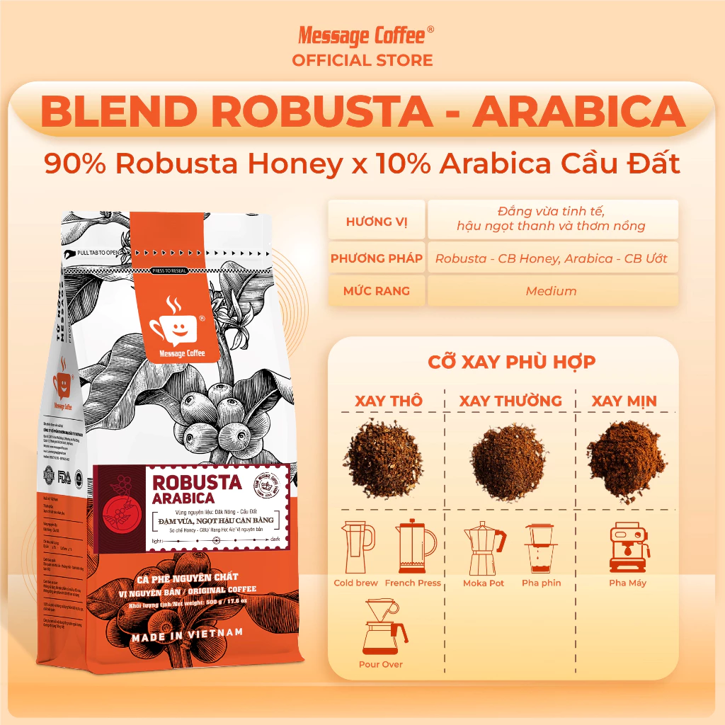 Message Coffee ロブスタ・アラビカ ブレンド 芳醇な香り 純粋ホールビーンコーヒー 500g