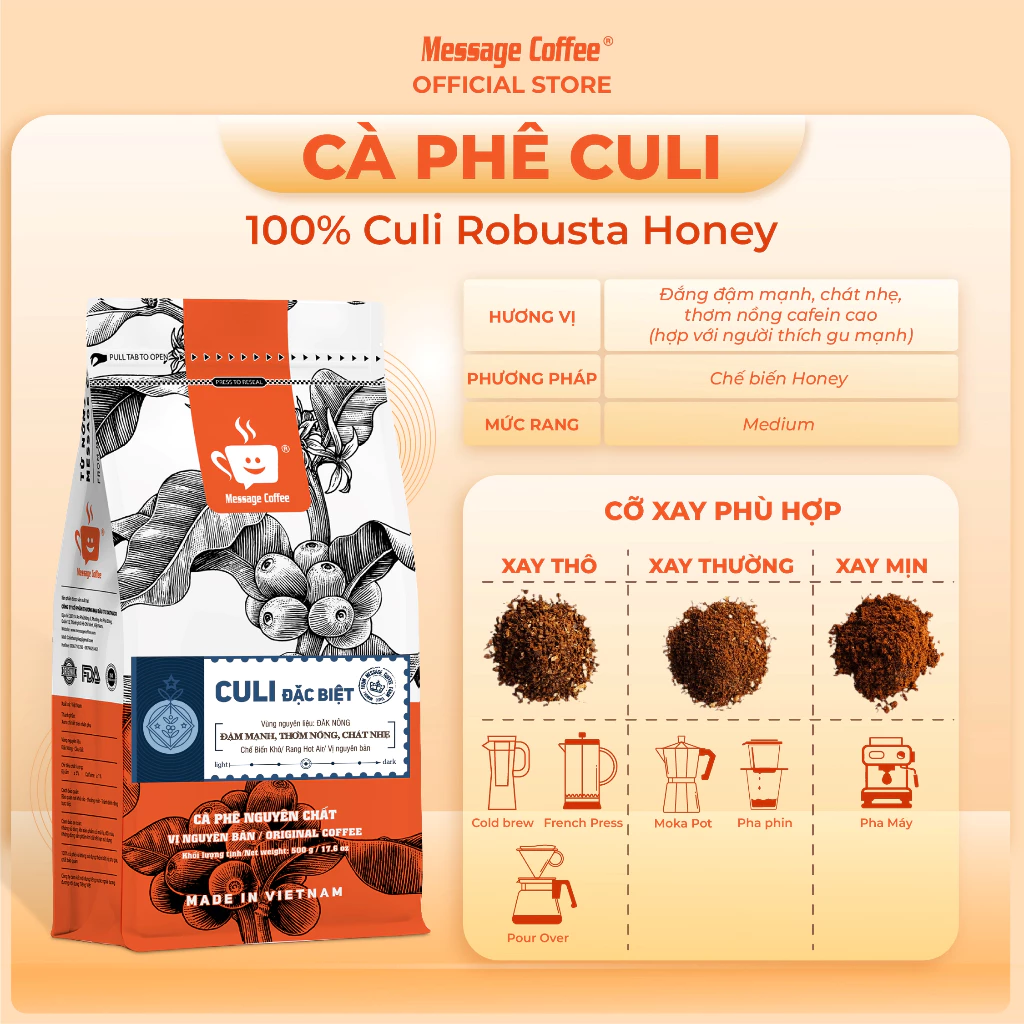 Message Coffee クーリーコーヒー 特選豆 200g - 100%純粋・ナチュラルロースト 深い苦味と甘い後味 ベトナムコーヒー(Phin)用細挽き