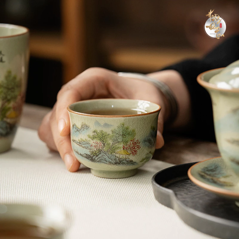 中秋節ギフト 景徳鎮 手描き山水画 17点セット 茶道用ティーセット ホアンダンティー特製スーツケース入り