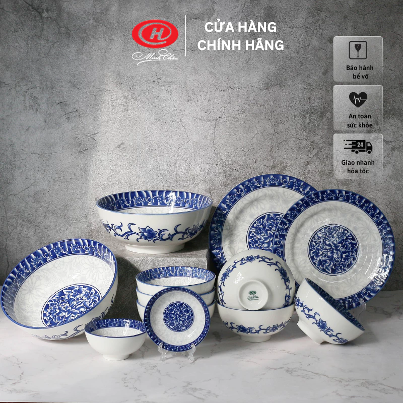 ミンチャウ製 青い模様の陶器食器12点セット - 食卓を彩るベトナムの美