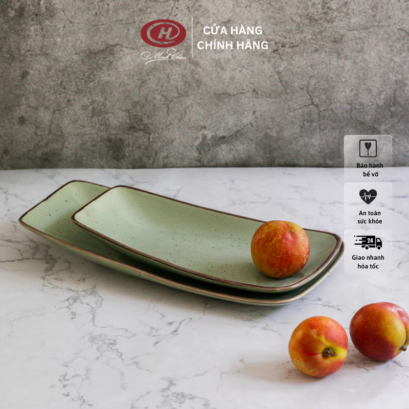 Sứ Minh Châu 和風 舟形プレート 緑の塩胡椒釉 複数サイズ