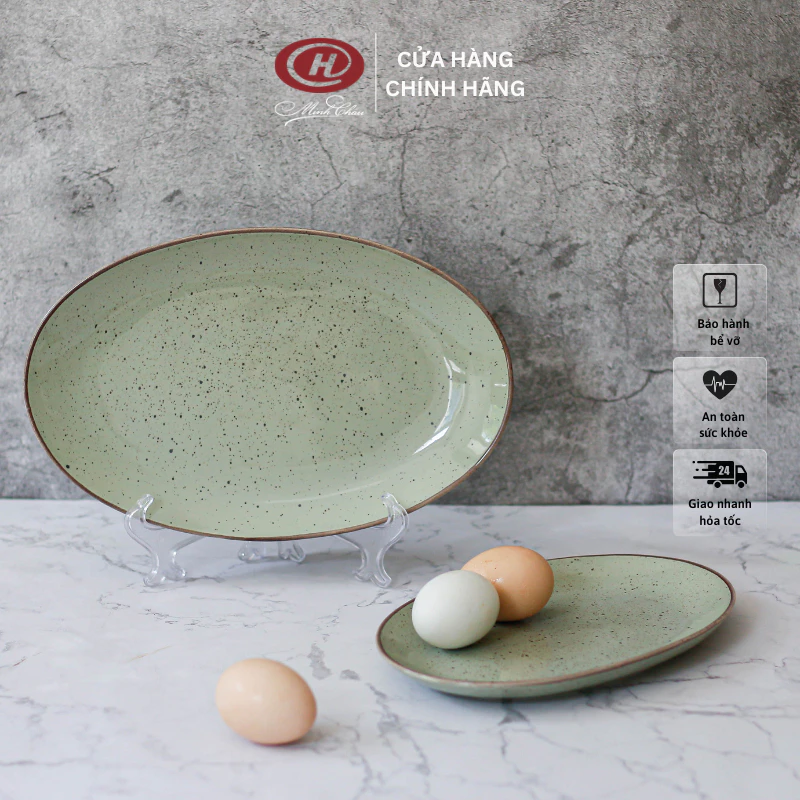 ミンチャウ磁器 和風マンゴー型オーバル皿 青緑ソルト＆ペッパー釉