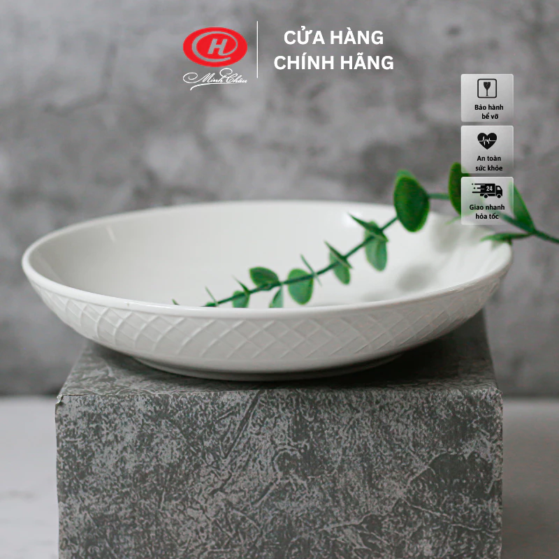 ミンチャウ製 深皿 縁ざらつき加工 白無地 セラミックプレート - ベトナム高品質食器