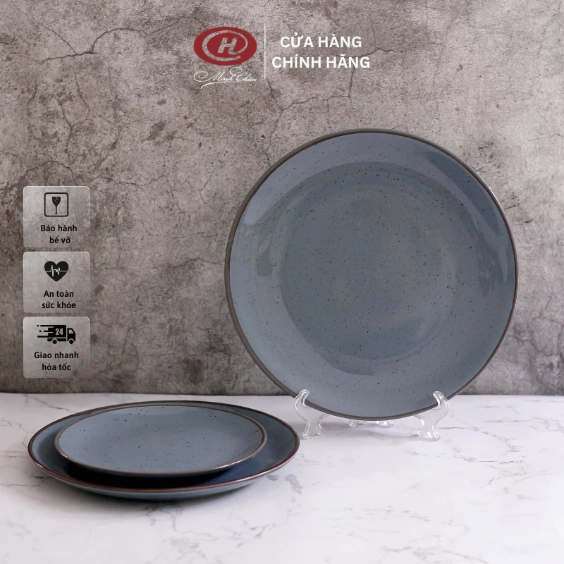 ミンチャウ製 和モダン青色塩コショウ釉 平皿 - 多サイズ対応で食卓を彩る日本式セラミックディッシュ