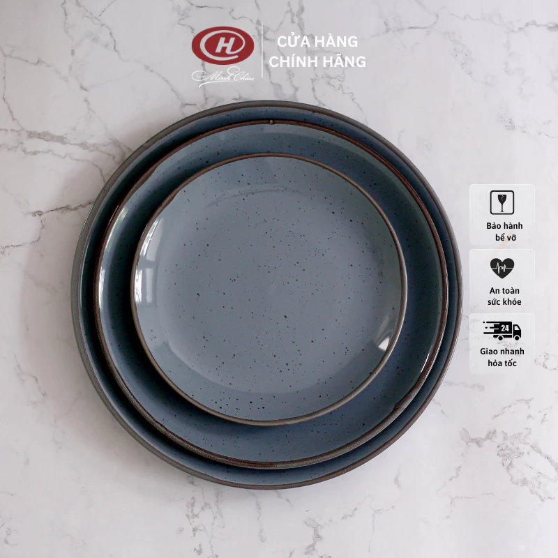 ミンチャウ製 和モダン青色塩コショウ釉 平皿 - 多サイズ対応で食卓を彩る日本式セラミックディッシュ