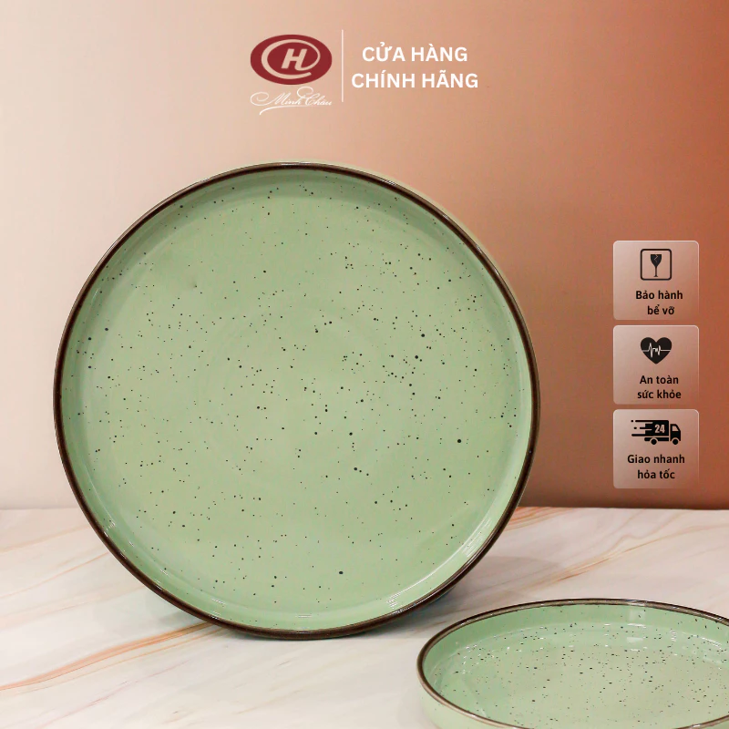 Sứ Minh Châu 和モダン グリーンソルト＆ペッパー釉 リム付き丸皿 2サイズ