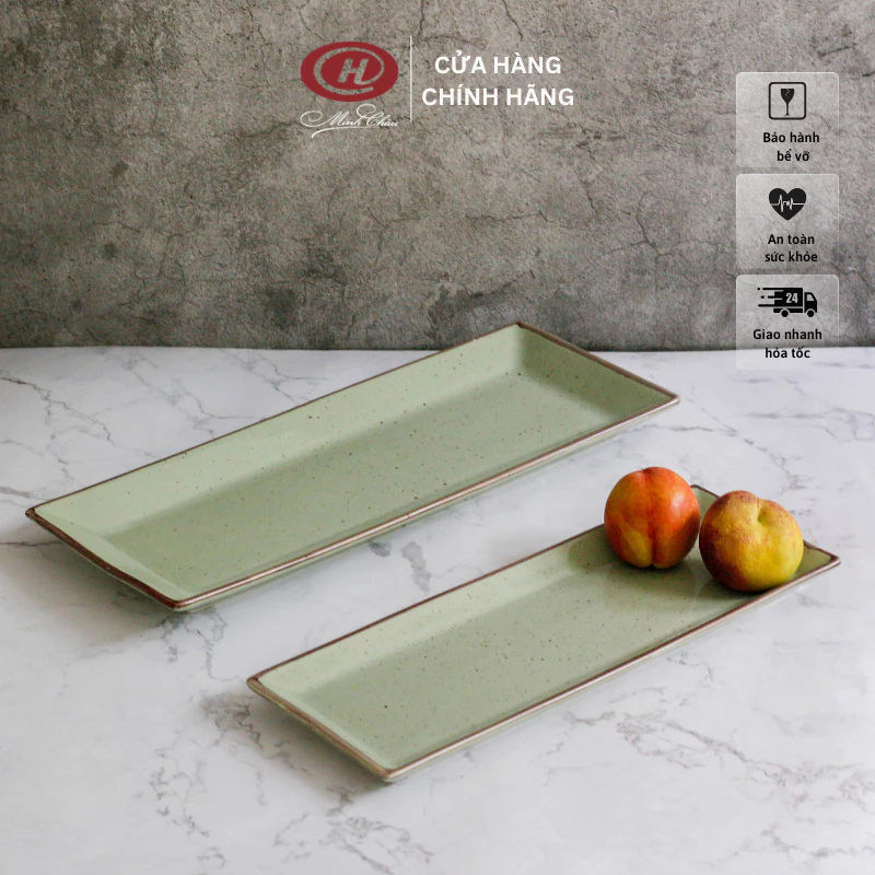 ミンチャウ 和風 塩胡椒釉 浅型長皿（緑色・多サイズ）| 日本製風高品質セラミック