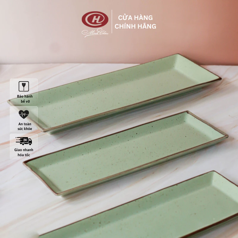 ミンチャウ 和風 塩胡椒釉 浅型長皿（緑色・多サイズ）| 日本製風高品質セラミック