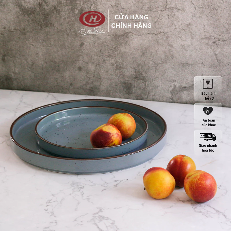 ミンチャウ製 和風塩胡椒釉 リム付き青磁器平皿 2サイズセット