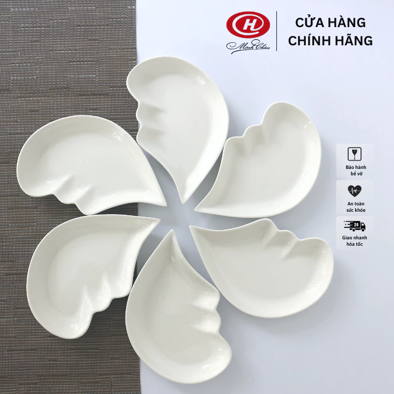 【Sứ Minh Châu】ハート型 白無地 陶器製 装飾プレート 6枚セット - DTT22B6（ベトナム製 高級食器）