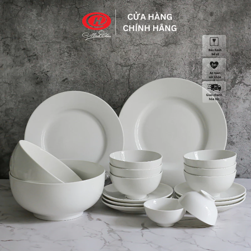 Minh Chau (ミンチャウ) 18ピース 無地ホワイト磁器食器セット – BO18【食洗機・レンジ対応】