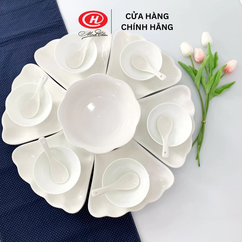 Minh Châu ひまわりデザイン 陶磁器製 白無地 大型食器セット 55cm