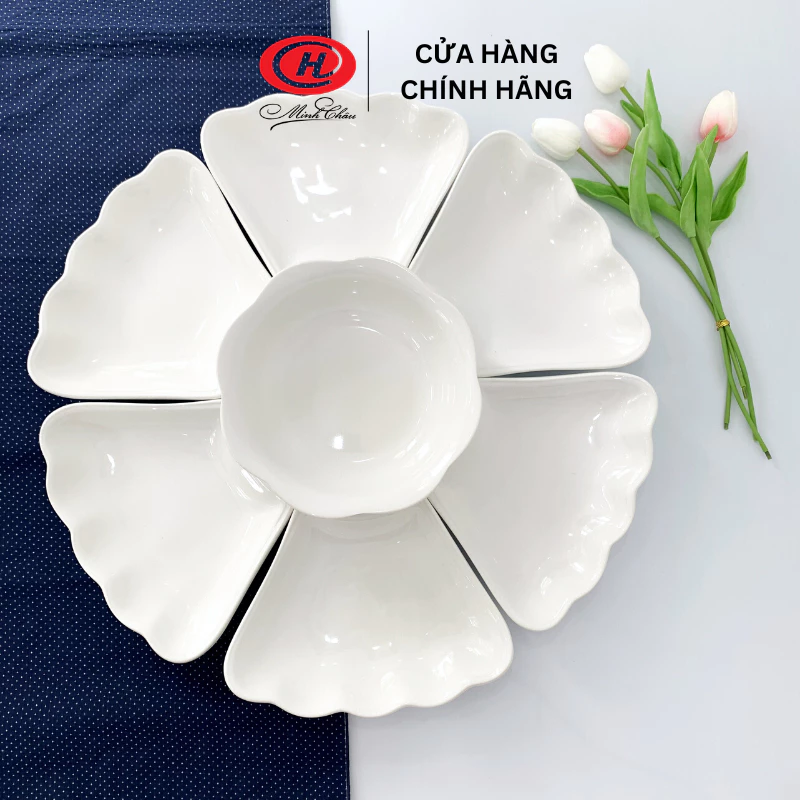 Minh Châu ひまわりデザイン 陶磁器製 白無地 大型食器セット 55cm