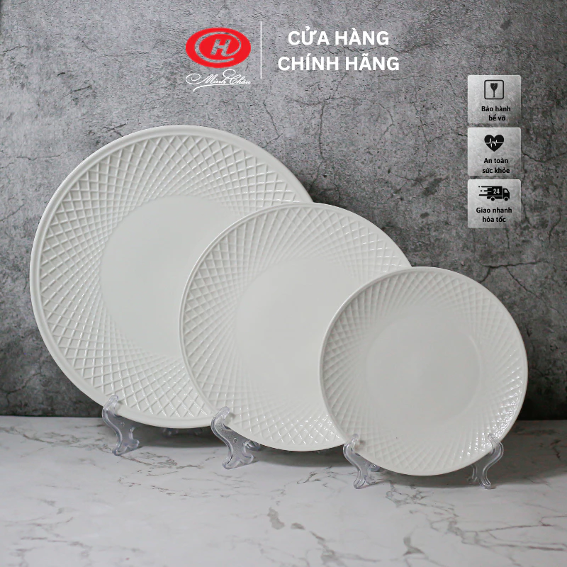 高品質ベトナム製「ミンチャウ」白陶器 ざらつき縁 浅型プレート - 食洗機・レンジ対応 DTVシリーズ