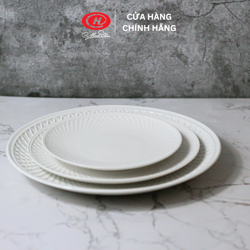 高品質ベトナム製「ミンチャウ」白陶器 ざらつき縁 浅型プレート - 食洗機・レンジ対応 DTVシリーズ