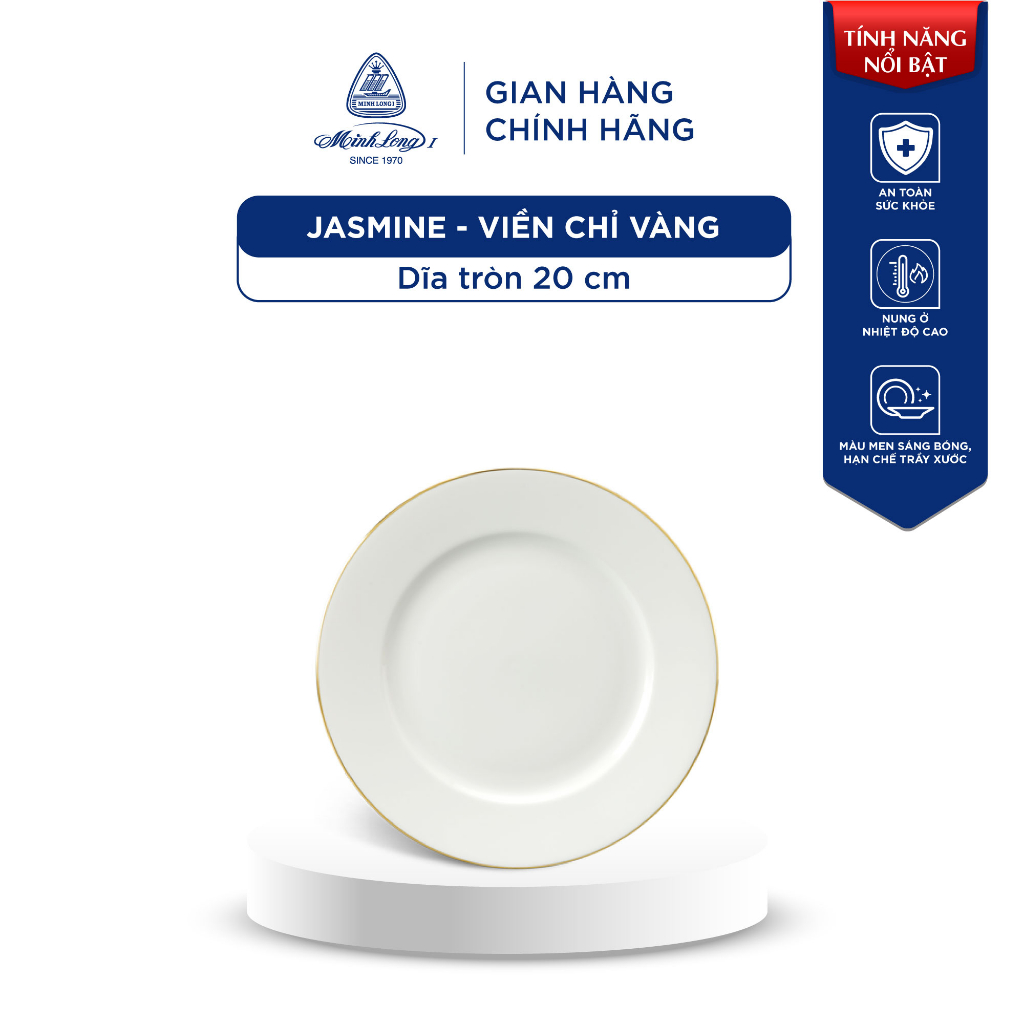 磁器プレート 丸型 20cm 白色 金の筋入り Jasmine - Vien Chi Vang Minh Long