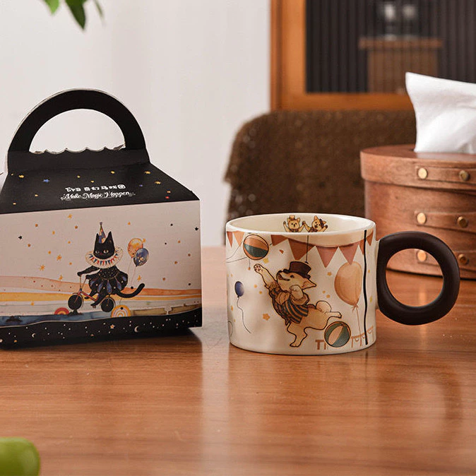 サーカス柄ボーンチャイナマグカップ 250ml - 誕生日プレゼントに最適、おしゃれでかわいい高級ギフト『モデル5』