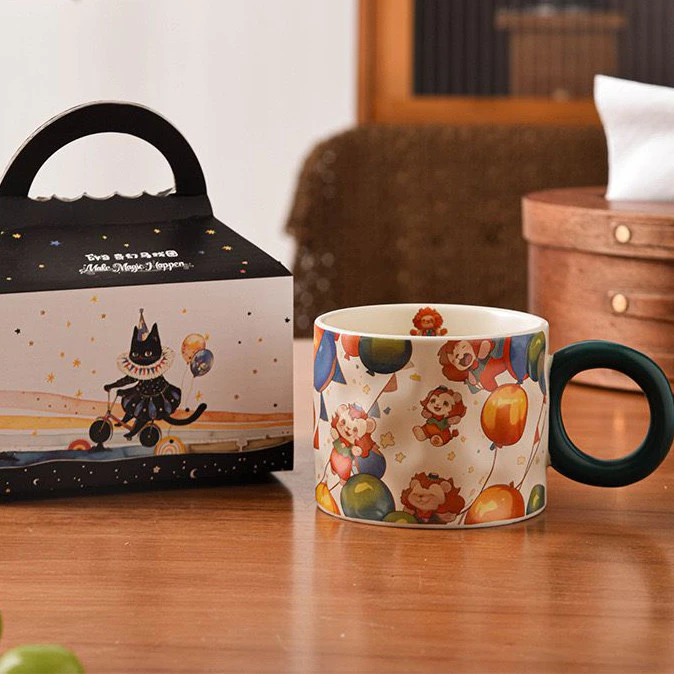【モデル9】サーカスデザイン 250ml ボーンチャイナ マグカップ - かわいい高級誕生日ギフト