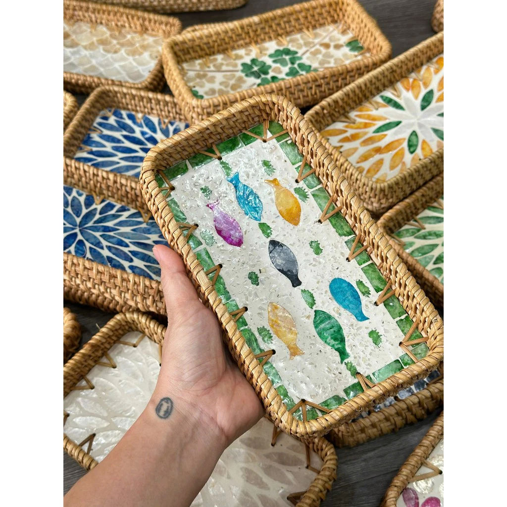 螺鈿細工ラタン長方形トレイ [柄おまかせ] | ベトナム手作りミニ飾り皿・食品バスケット