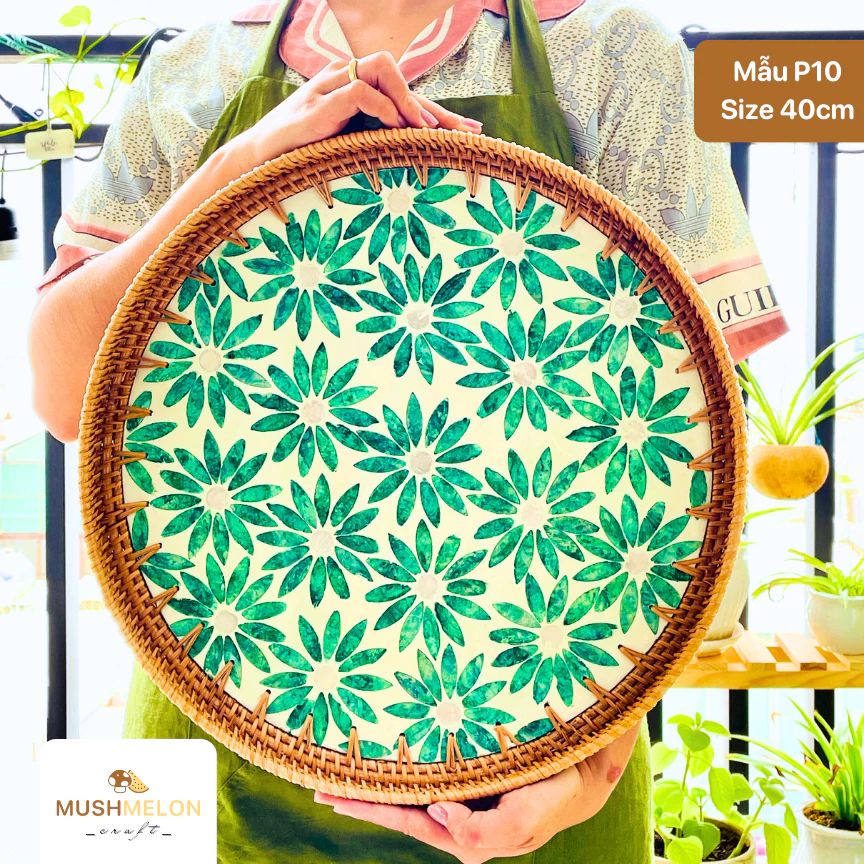 螺鈿細工入り藤丸盆 P10 40cm - 食事の提供、野菜・果物収納、ギフトに最適な輸出用手作り品