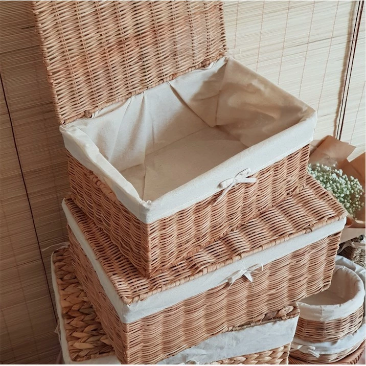 Sサイズ蓋なし多目的ラタンバスケット：布付き衣類収納かご＆食品トレイ | 天然籐・竹製インテリア雑貨
