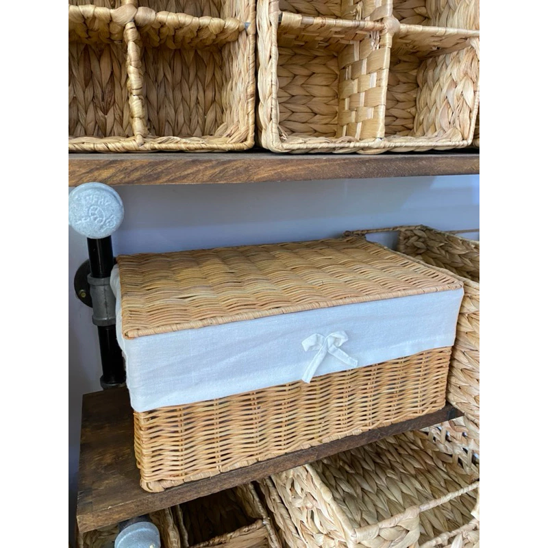 多機能ラタン収納バスケット Mサイズ 蓋付きランドリーバスケット・食品トレイ - 籐細工