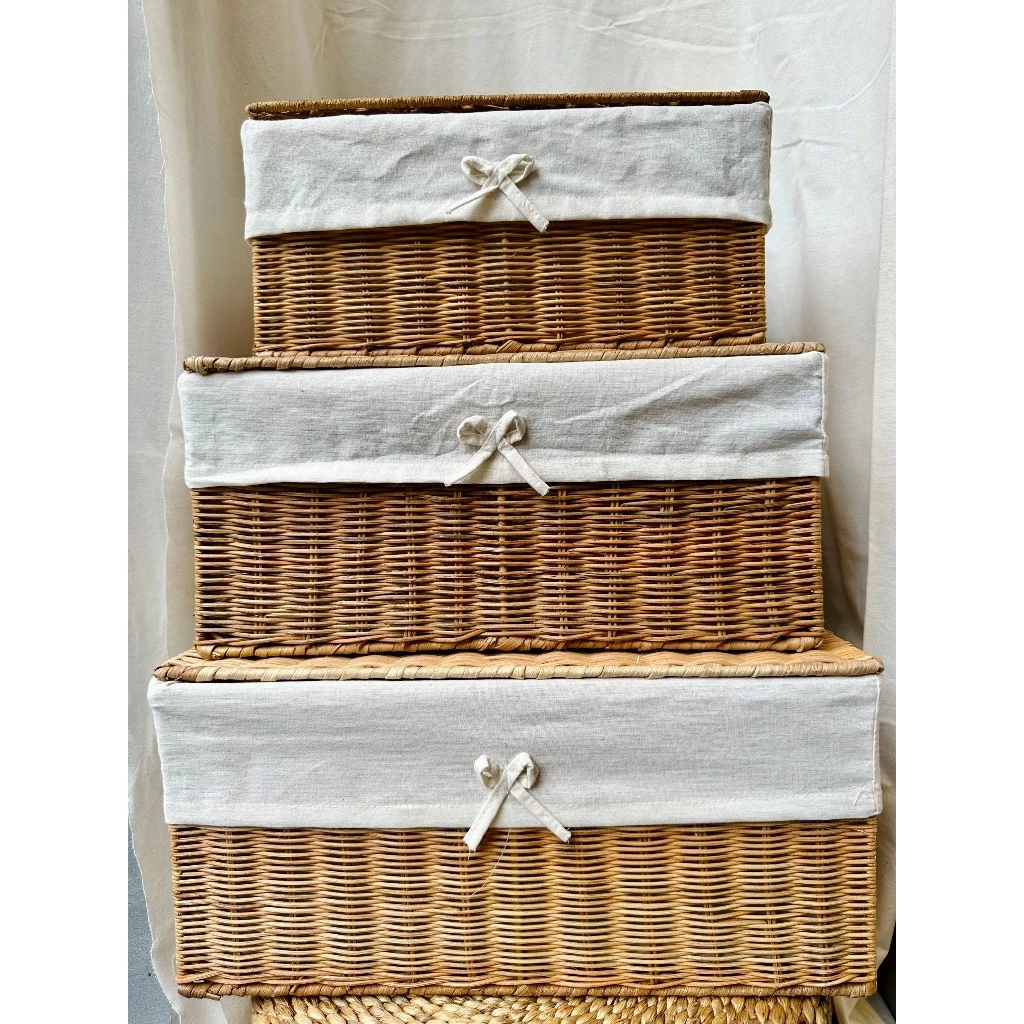 ラタン製 多目的収納バスケット Lサイズ 蓋付き - 洗濯かご、フードトレイ、インテリア雑貨