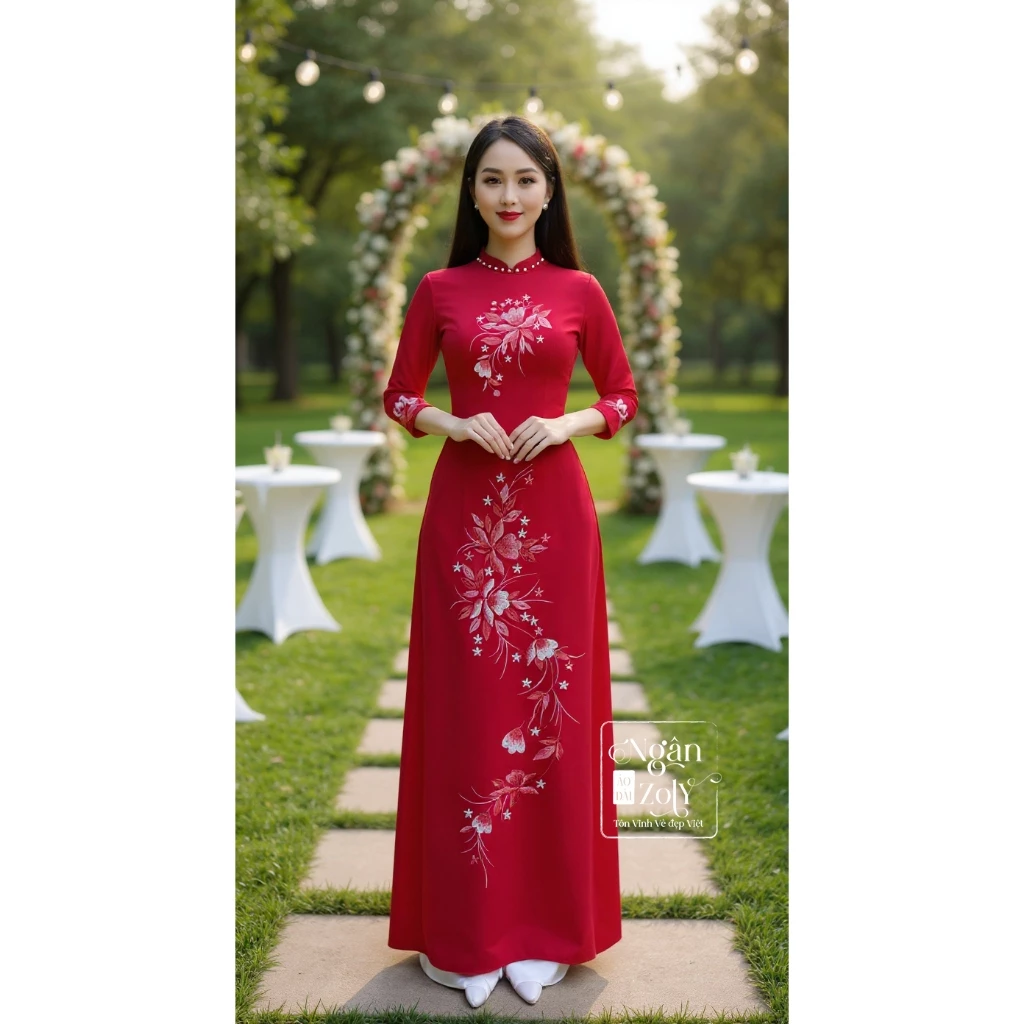 Ngan Zoly 高級アメリカンシルク アオザイ SD28 - 手刺繍花柄 ダークレッド - 2cmハイネック