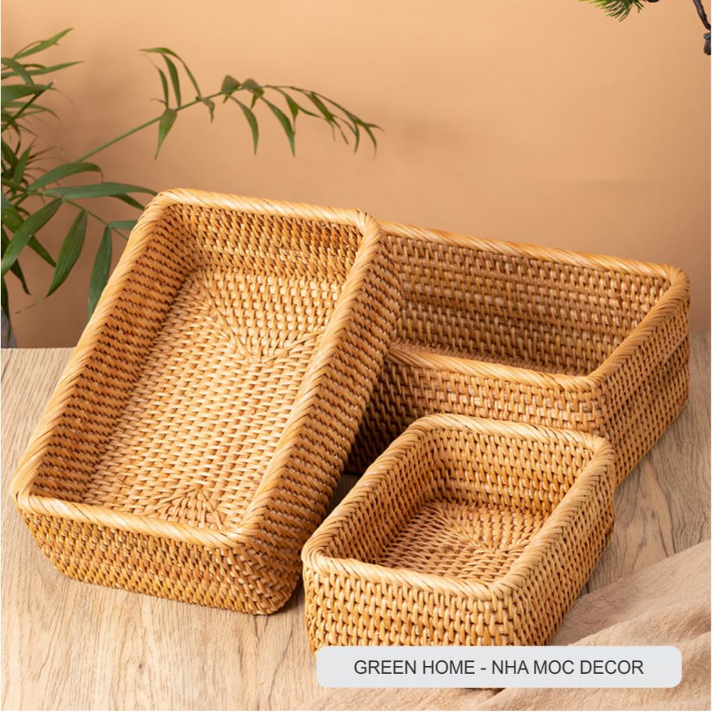 NHÀ MỘC DECOR ラタンシリーズ 長方形収納バスケット 自然素材 手編み 多用途 30x19x9cm NHÀ MỘC DECOR