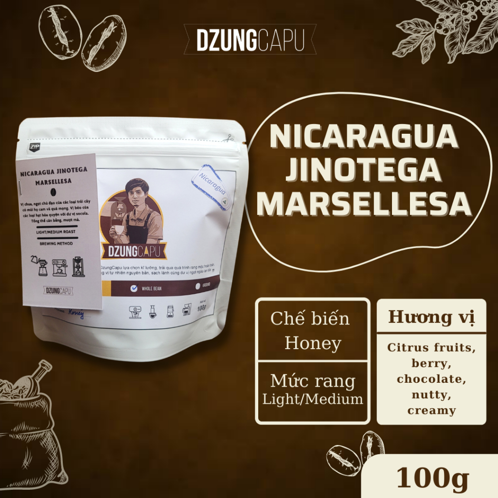 ニカラグア ヒノテガ コーヒー - マルセレサ品種 - 蜂蜜前処理 - 100g パック - ズンカプ スペシャルティ コーヒー - 浅煎り - 丸ごと豆