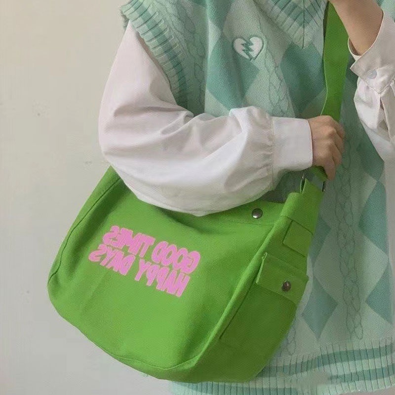 Nucelle ラージ キャンバス ハンドバッグ 日本語文字プリント 女性用 - グリーン