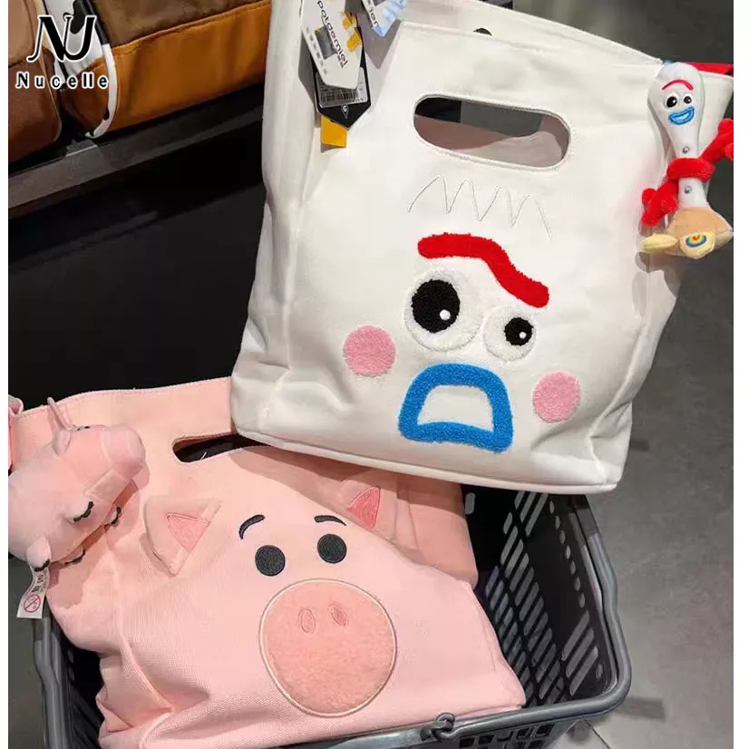 Nucelle ラージ キャンバス バッグ 面白いピンクの豚のプリント付き 女性用 - ホワイト