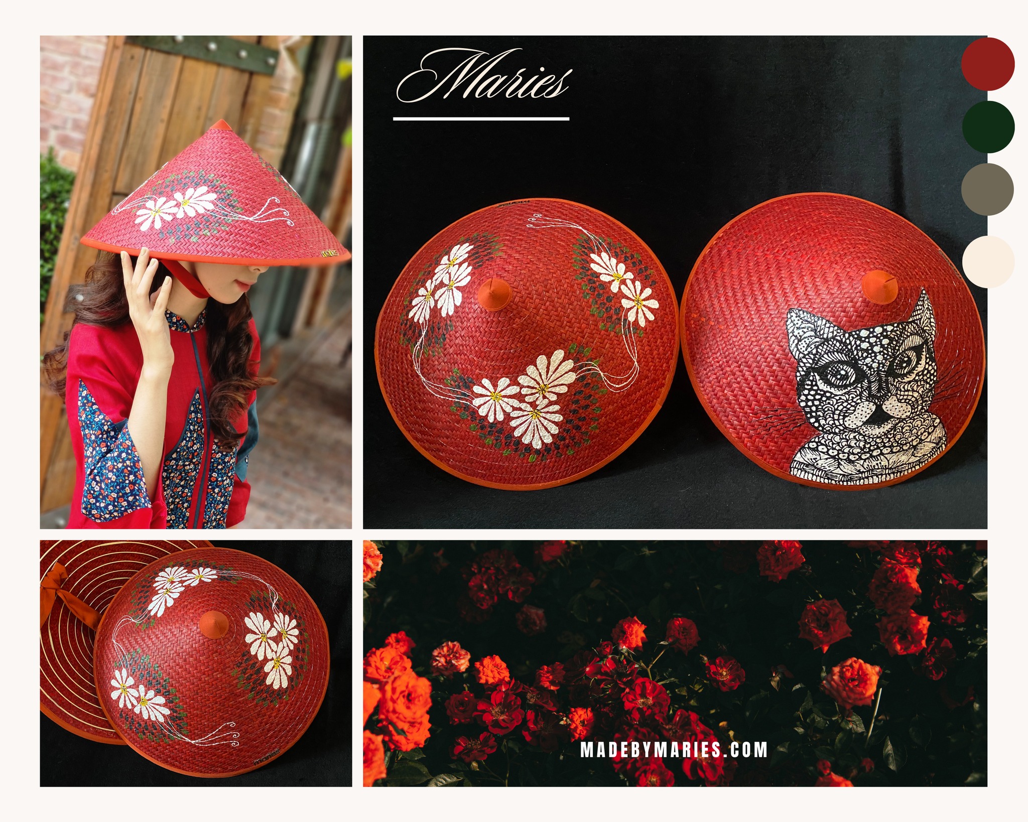 ノンラー ベトナム風傘帽子 赤色 花柄