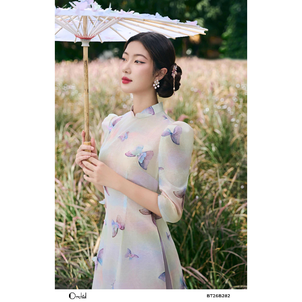 Orchid 花柄シルクアオザイセット バルーンスリーブ＆ワイドパンツ - BT26B282