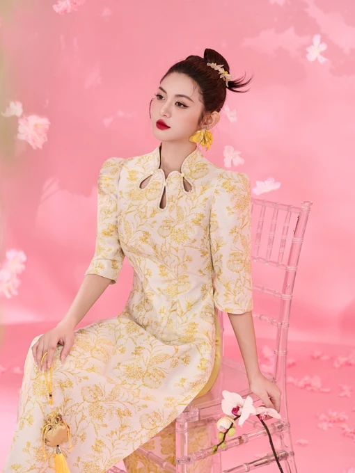 Orchid（オーキッド）モダン花柄錦アオザイセット：パールネックデザイン – BD25B775