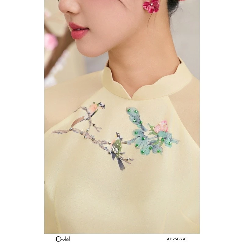 【Orchid】高級 花柄光沢シルク4枚パネルアオザイセット - AD25B336