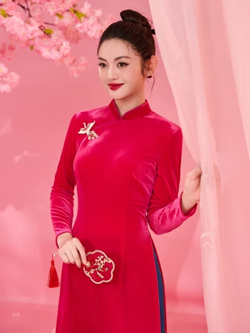 「Orchid」伝統赤ベルベットアオザイセット - 優雅な一着 BD26B752