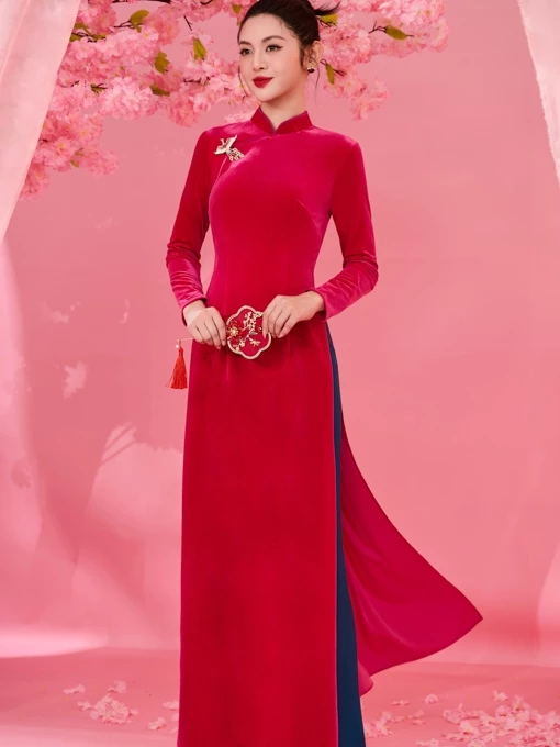 「Orchid」伝統赤ベルベットアオザイセット - 優雅な一着 BD26B752