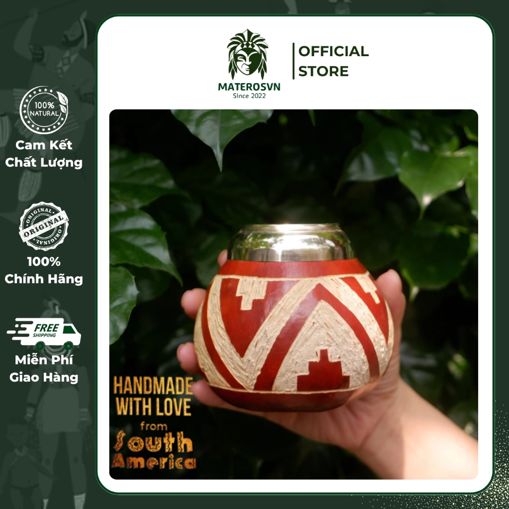 本場アルゼンチン産 カラバッシュ瓢箪マテ茶カップ 手彫りアルミリム ボンビージャセット